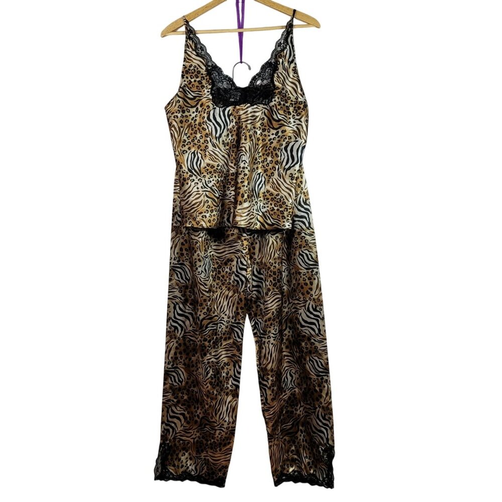 Evandale Animal Print Pajama Set Brown Medium Lace Strappy Long Pants Satin